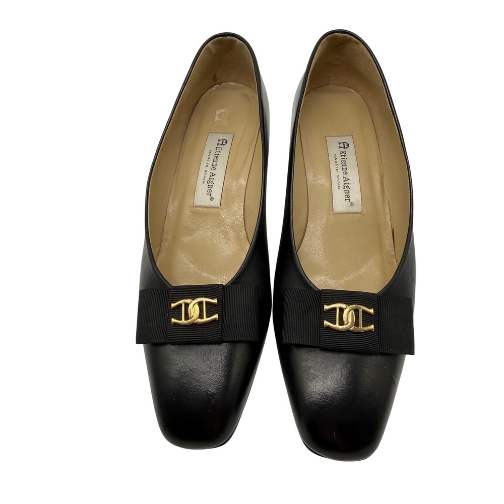 Etienne Aigner Pumps Womens 9M Black Vintage Leather Bow Block Heel Fiesta Spain